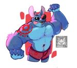  2021 5_fingers alien antennae_(anatomy) anthro anthrofied black_eyes blue_body blue_fur claws clothed clothing disney experiment_(lilo_and_stitch) fingers fur furgustoni gesture humanoid_hands lilo_and_stitch looking_at_viewer male muscular muscular_anthro muscular_male navel notched_ear pecs pointing pointing_at_self simple_background smile solo stitch_(lilo_and_stitch) swimming_trunks swimwear tattoo tongue tongue_out topless watermark 
