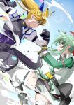 2girls ban_(777purin) black_bodysuit black_gloves black_leotard blonde_hair blush bodysuit braid breasts dated einhard_stratos fingerless_gloves gloves green_eyes green_hair hair_ribbon highres large_breasts leotard long_hair looking_at_another lyrical_nanoha mahou_shoujo_lyrical_nanoha_vivid multiple_girls open_mouth outdoors ponytail ribbon signature sky thighhighs vivio white_thighhighs 