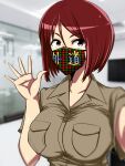  breasts brown_eyes brown_hair highres mask okyou pocket self_shot the_king_of_fighters waving whip_(kof) 