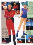  1980s_(style) 1boy 1girl age_difference aqua_hair artist_request belt blonde_hair char&#039;s_counterattack char_aznable crossed_arms english_commentary gundam highres holster key_visual magazine_scan mecha military military_uniform mobile_suit neo_zeon newtype official_art promotional_art quess_paraya retro_artstyle robot scan science_fiction translation_request uniform 