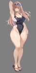  1girl black_nails black_one-piece_swimsuit breasts brown_hair commentary_request competition_swimsuit covered_navel full_body goddess_of_victory:_nikke goggles goggles_on_head grey_background highleg highleg_swimsuit highres large_breasts long_hair nail_polish nanabe_78 official_alternate_costume one-piece_swimsuit rapi_(classic_vacation)_(nikke) rapi_(nikke) red_eyes sandals simple_background solo swimsuit toenail_polish toenails wide_hips 