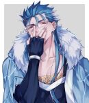  1boy bespectacled blue_hair bracelet cape collarbone cu_chulainn_(fate)_(all) cu_chulainn_(fate/grand_order) earrings elbow_gloves fate/grand_order fate_(series) fingerless_gloves fur-trimmed_hood fur_trim glasses gloves hand_on_own_face hood hood_down hooded_cape jewelry long_hair looking_at_viewer male_focus multiple_piercings red_eyes simple_background skin_tight solo spiked_hair x-r5xxxlove 