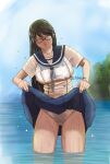  1girl ass_visible_through_thighs brown_hair chiba_shuusaku double_bun glasses long_hair original panties sailor_collar school_uniform serafuku skirt solo tree twitter_username underwear very_long_hair wading water wet 