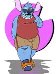  2021 absurd_res alien anthro anthrofied biped blue_body blue_claws blue_fur blue_nose bottomwear bulge claws clothed clothing digital_media_(artwork) disney dylbun experiment_(lilo_and_stitch) eyewear footwear fur head_tuft hi_res lilo_and_stitch male notched_ear open_mouth open_smile shirt shoes shorts simple_background smile sneakers solo stitch_(lilo_and_stitch) sunglasses tan_bottomwear tan_clothing tan_shorts tank_top topwear tuft walking 