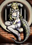  1girl arknights bangs belt blonde_hair breasts brown_eyes cleavage crocodilian_tail dragon_horns estelle_(arknights) gloves hair_between_eyes highres horns lithographica long_hair long_sleeves medium_breasts messy_hair open_mouth pants scar scar_on_face sewer sewer_grate sitting solo tail twitter_username water 