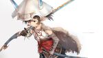  1boy absurdres arm_wrap brown_cape brown_gloves brown_hair cape dual_wielding gloves granblue_fantasy harvin helmet highres holding long_hair male_focus over_shoulder pointy_ears sevilbarra sheath sheathed sideburns simple_background solo standing sword t-ryu weapon white_background 