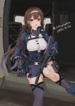  1girl absurdres asymmetrical_legwear bangs black_legwear blue_jacket breasts brown_hair dated girls_frontline gun hairband highres holding holding_gun holding_weapon jacket js_9_(girls_frontline) js_9_mm kneehighs lithographica long_hair open_mouth ponytail prosthesis prosthetic_arm red_eyes sidelocks single_kneehigh single_thighhigh skirt solo thighhighs twitter_username weapon white_hairband 