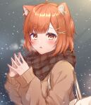  1girl :o absurdres ahoge animal_ear_fluff animal_ears bangs blunt_bangs blush brown_hair earrings eyebrows_visible_through_hair fang fingers_together hair_ornament hairclip hands_up highres jewelry long_sleeves looking_at_viewer nijisanji open_mouth orange_eyes parted_lips ratna_petit red_panda_ears scarf short_hair snow solo virtual_youtuber x_hair_ornament zky_(oekaky) 