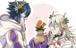  1boy 1girl alternate_costume black_gloves blue_hair closed_mouth commentary_request covered_mouth fire_emblem fire_emblem_heroes flower gloves gradient_hair grey_hair hair_between_eyes hair_flower hair_ornament holding_hands hood hood_down horn_ornament horns leaf_hair_ornament lif_(fire_emblem) long_hair long_sleeves mouth_veil multicolored_hair official_alternate_costume pale_skin purple_gloves red_eyes red_flower red_rose rem_sora410 robe rose see-through short_hair silver_hair thrasir_(fire_emblem) vase veil white_robe white_veil yellow_flower 