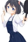  1girl apron bangs black_hair blue_apron blue_eyes blue_skirt breasts brown_scrunchie chopsticks closed_mouth collared_shirt commentary_request dress_shirt eyebrows_visible_through_hair frying_pan hair_between_eyes hair_ornament hair_scrunchie highres holding holding_chopsticks looking_at_viewer one_side_up original pleated_skirt scrunchie shirt short_hair simple_background skirt small_breasts smile solo suzunari_shizuku white_background white_shirt yuki_arare 