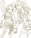  2boys alternate_hairstyle annoyed bangs_pinned_back belt blush braid closed_eyes cropped_vest dissidia_final_fantasy dog_tags final_fantasy final_fantasy_viii final_fantasy_xii fingerless_gloves gloves hand_up happy holding_hands jacket laguna_loire looking_at_another lowres male_focus multiple_boys open_clothes open_jacket open_mouth osugumo pants shirt simple_background sketch sleeves_rolled_up smile thought_bubble translation_request upper_body v vaan_(ff12) vest 