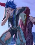  1boy 1girl angry armor asymmetrical_bangs automney bangs belt blue_hair bodysuit_under_clothes braid braided_ponytail capelet child closed_mouth clothing_cutout cu_chulainn_(fate)_(all) earrings fate/grand_order fate/grand_order_arcade fate_(series) gae_bolg_(fate) jewelry long_hair looking_back muscular pauldrons ponytail puffy_pants purple_hair red_eyes scathach_(fate)_(all) setanta_(fate) shoulder_armor skin_tight spiked_hair sweat thigh_cutout 
