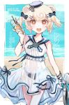  1girl :d animal_ears animal_print arknights bangs bare_shoulders beach bear_ears bear_print bikini bikini_under_clothes blonde_hair blue_bikini blue_bow blue_dress bow breasts character_name collarbone commentary_request covered_navel cyrillic dress eyebrows_visible_through_hair food frying_pan gummy_(arknights) gummy_(summer_flowers)_(arknights) hair_bow hair_ornament hairclip hat highres holding holding_food holding_frying_pan ice_cream light_blush looking_at_viewer open_mouth pocky red_eyes sailor_collar sailor_dress see-through see-through_dress short_hair sleeveless sleeveless_dress small_breasts smile solo striped striped_bow swimsuit swimsuit_under_clothes toricuntori twintails twitter_username upper_teeth white_dress 