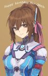  1girl breasts brown_eyes brown_hair closed_mouth hair_ribbon highres long_hair looking_at_viewer murata_tefu pink_ribbon ponytail ribbon saionji_reimi simple_background smile solo star_ocean star_ocean_the_last_hope 