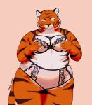  2021 anthro belly big_belly big_breasts black_nose bra breasts chubby-shark claws clothed clothing countershading ear_piercing ear_ring eyelashes eyes_closed felid female fur furgonomics furry-specific_piercing holding_breast lingerie mammal navel orange_body orange_fur overweight overweight_female pantherine panties piercing portrait short_ears signature simple_background solo standing stripes thick_thighs three-quarter_portrait tiger tigress_(disambiguation) underwear underwear_only white_body white_fur 