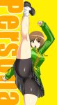  action brown_eyes brown_hair clenched_hand green_sweater highres kicking kung_fu okyou persona persona_4 satonaka_chie skirt sweater 