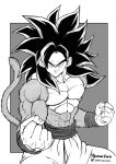  1boy 2094banana abs bangs biceps black_hair body_fur clenched_hands dragon_ball dragon_ball_gt grey_background greyscale highres looking_at_viewer manly monkey_boy monkey_tail monochrome muscular muscular_male no_nipples pectorals shirtless smirk solo son_goku spiked_hair super_saiyan super_saiyan_4 tail toned toned_male 