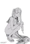  1girl black_clover capelet greyscale highres ink long_hair long_legs looking_at_viewer md5_mismatch monochrome noelle_silva nude patreon_username sandals sitting solo squatting traditional_media twintails twitter_username white_background yugen99 