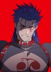  1boy angry blue_hair bodypaint closed_mouth collar cu_chulainn_(fate)_(all) cu_chulainn_alter_(fate/grand_order) dark_blue_hair dark_persona earrings eilinna facepaint fang fate/grand_order fate_(series) hair_down highres jewelry long_hair male_focus pectorals red_background red_eyes simple_background slit_pupils solo spiked_hair 