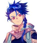  0mg_shigure 1boy asymmetrical_bangs bangs blue_hair braid braided_ponytail close-up closed_mouth cu_chulainn_(fate)_(all) fate/grand_order fate/grand_order_arcade fate_(series) jewelry long_hair looking_at_viewer male_focus ponytail red_eyes setanta_(fate) simple_background single_earring smile solo spiked_hair white_background 