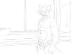  4:3 canid canine clothing fox foxxxygunnie hair hair_over_eye hi_res knot looking_at_viewer male mammal monochrome one_eye_obstructed solo speedo swimming_pool swimwear towel_on_shoulder undressing 