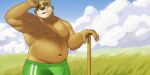  2021 absurd_res anthro belly bottomwear brown_body brown_fur bulge clothing detailed_background eyewear fur glasses hi_res kemono kumamikan male mammal musclegut navel nipples outside overweight overweight_male pants solo tokyo_afterschool_summoners ursid video_games volos 