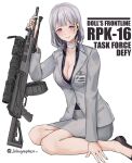  1girl absurdres bangs black_footwear breasts character_name cleavage copyright_name formal girls_frontline grey_hair grey_jacket grey_skirt gun highres holding holding_weapon id_card jacket large_breasts lithographica long_sleeves pink_eyes rpk-16_(girls_frontline) simple_background sitting skirt smile solo suit twitter_username weapon white_background 