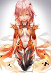  1girl bare_shoulders breasts cat&#039;s_cradle center_opening detached_sleeves fingerless_gloves gloves guilty_crown hair_ornament hairclip highres impossible_clothes medium_breasts pink_hair red_eyes shiny shiny_clothes shiny_legwear solo twintails yuzuriha_inori zasshu 