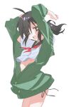  +_+ 1girl absurdres ahoge arms_up black_eyes black_hair black_sailor_collar borrowed_character breasts cardigan cardigan_partially_removed cowboy_shot cropped_shirt eyes_visible_through_hair floating_hair from_side green_cardigan hair_over_one_eye highres kurobeko_(kur0bek0) legs_together long_hair long_sleeves looking_at_viewer looking_to_the_side low_twintails medium_breasts midriff neckerchief no_pants nouka-chan_(nouka_(nouka_nanoka)) open_mouth original panties red_neckerchief sailor_collar side-tie_panties sidelocks smile solo standing stomach string_panties twintails underwear 