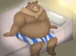  2021 anthro bed belly brown_body brown_fur clothing eyes_closed fur furniture hi_res kemono male mammal moobs nipples obese obese_male overweight overweight_male pillow solo underwear ursid yanununununu 