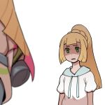  2girls blonde_hair blurry_foreground braid commentary cosplay eyelashes green_eyes lillie_(pokemon) long_hair lusamine_(pokemon) mina_(pokemon) mina_(pokemon)_(cosplay) mother_and_daughter multiple_girls nutkingcall parted_lips pokemon pokemon_(game) pokemon_sm ponytail shirt short_sleeves sidelocks white_background white_shirt 