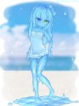  1girl absurdres barefoot blue_hair blue_sclera blue_skin blurry blurry_background blush bow breasts closed_mouth colored_sclera colored_skin contrapposto curss depth_of_field dot_mouth dot_nose frilled_swimsuit frills full_body green_eyes hair_bow head_tilt heterochromia highres long_hair monster_girl navel one-piece_swimsuit original purple_eyes slime_girl small_breasts solo standing swimsuit thigh_gap white_bow white_swimsuit wrist_bow 