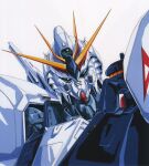  1980s_(style) anaheim_electronics char&#039;s_counterattack green_eyes gundam highres izubuchi_yutaka key_visual looking_at_viewer machinery magazine_scan mecha mobile_suit newtype no_humans nu_gundam official_art promotional_art retro_artstyle robot roundel scan science_fiction traditional_media upper_body v-fin 