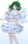  1girl ai-kun arm_strap bangs blush bow chaku_(horhor71) cowlick crop_top eyebrows_behind_hair fang gradient gradient_background green_hair halter_top halterneck huge_bow looking_down macross macross_frontier midriff navel on_shoulder open_mouth ranka_lee skin_fang skirt solo tail white_bow white_skirt 