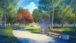  artist_name bench blue_sky bridge building cloud commentary_request dankalaning day english_text grass highres nature no_humans original park path plant scenery shade sky sunlight trash_can tree vending_machine 