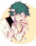  1boy alternate_costume bandages bandages_over_eyes bangs beige_sweater black_shirt blood blood_from_mouth boku_no_hero_academia commentary_request daisy flower from_side green_hair hanahaki_disease li_he long_sleeves male_focus midoriya_izuku shirt short_hair simple_background solo turtleneck upper_body white_flower 