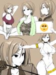  1girl arms_behind_head breasts emoji highres multiple_views okyou short_hair sweat swimsuit tank_top the_king_of_fighters thumbs_up towel towel_around_neck whip whip_(kof) 