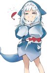  1girl absurdres blue_eyes blue_hair gawr_gura grin highres hololive hololive_english hood hoodie long_hair looking_at_viewer sharp_teeth shrimp simple_background sleeves_past_wrists smile solo teeth uno_ryoku virtual_youtuber white_background white_hair 