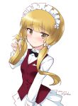  1girl artist_name black_neckwear blonde_hair blush bow bowtie breasts brown_eyes closed_mouth cutlass_(girls_und_panzer) dated eyebrows_visible_through_hair girls_und_panzer highres kuzuryuu_kennosuke looking_at_viewer maid_headdress medium_hair shiny shiny_hair shiny_skin simple_background small_breasts smile solo twintails upper_body white_background 