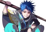  1boy asymmetrical_clothes blue_hair bracelet capelet closed_mouth cu_chulainn_(fate)_(all) earrings eilinna fang fate/grand_order fate/grand_order_arcade fate_(series) grin holding holding_staff hood hood_down hooded_capelet jewelry long_hair long_sleeves looking_at_viewer male_focus red_eyes setanta_(fate) simple_background slit_pupils smile solo spiked_hair staff white_background 