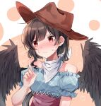  1girl bandana bare_shoulders black_hair blush commentary_request hat highres index_finger_raised kurokoma_saki looking_away moshihimechan nose_blush off-shoulder_shirt off_shoulder red_eyes shirt short_hair simple_background solo touhou upper_body wings 