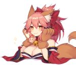  1girl :3 animal_ear_fluff animal_ears bare_shoulders bell blush breasts bright_pupils claws cleavage collar commentary_request eyebrows_visible_through_hair fate/grand_order fate_(series) fox_ears fox_girl fox_tail gloves hair_ribbon head_rest japanese_clothes jingle_bell kimono large_breasts long_sleeves looking_at_viewer muryotaro off_shoulder orange_eyes paw_gloves paws pink_hair ponytail red_kimono red_ribbon ribbon simple_background smile solo sparkle tail tamamo_(fate)_(all) tamamo_cat_(fate) translation_request upper_body white_background wide_sleeves 