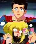  1990s_(style) 1boy 1girl black_hair blonde_hair blue_eyes blush brenni_murasaki clark_kent cousins dc_comics fake_screenshot heart heart_hands heart_hands_duo highres holding_another&#039;s_wrists jimmy_olsen my_adventures_with_superman open_mouth photo_(object) retro_artstyle smile subtitled supergirl superman superman_(series) 