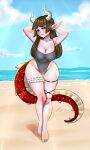  absurd_res animal_humanoid beach big_breasts breasts cleavage clothed clothing dragon dragon_humanoid female hi_res humanoid legband one-piece_swimsuit pose seaside solo swimwear thighband tutifruti_(artist) wide_hips 