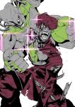  1boy absurdres blood clenched_hand crazy_diamond diamond_wa_kudakenai gakuran higashikata_josuke highres impaled injury jojo_no_kimyou_na_bouken limited_palette male_focus pompadour rx_hts school_uniform stand_(jojo) white_background 