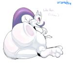  ambiguous_gender butt english_text felid feline hi_res legendary_pok&eacute;mon looking_back mammal mewtwo nintendo pok&eacute;mon pok&eacute;mon_(species) purple_eyes simple_background slapping_butt text thick_thighs uromatsu video_games white_background 