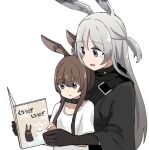  2girls :d :o amiya_(arknights) animal_ears arknights bangs black_gloves blue_eyes blush book breasts brown_hair bunny_ears commentary eyebrows_visible_through_hair gloves grey_eyes grey_hair hair_between_eyes holding holding_book infection_monitor_(arknights) kumamoto_aichi long_hair multiple_girls open_mouth reading savage_(arknights) shirt simple_background smile translated upper_body white_background white_shirt younger 