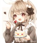  1girl :3 animal animal_ears blonde_hair brown_eyes bunny bunny_ears cake commentary eating food fork fruit gothic_lolita holding lolita_fashion looking_at_viewer medium_hair open_mouth original plate puffy_sleeves simple_background strawberry strawberry_shortcake tukimisou0225 upper_body 