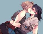  2boys arm_support belt black_belt black_gloves black_hair black_pants black_vest blue_background blush brown_hair commentary_request couple dissidia_final_fantasy dog_tags ear_blush earrings final_fantasy final_fantasy_viii final_fantasy_xii fingerless_gloves gloves grey_shirt hair_slicked_back hand_on_another&#039;s_arm hoop_earrings jewelry kiss laguna_loire leaning_back leaning_forward male_focus minatoya_mozuku multiple_boys nose_blush pants red_sash sash shirt simple_background sweatdrop toned toned_male upper_body vaan_(ff12) vest yaoi 