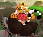  anthro big_butt butt cute_fangs dreamworks duo facesitting felid female fur hi_res jeezerart kung_fu_panda lewdpunch male male/female mammal master_tigress orange_body orange_fur pantherine snow_leopard striped_body striped_fur striped_tail stripes tai_lung_(kung_fu_panda) tiger x_eyes 